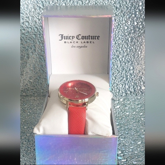 NEW NIB Juicy Couture Wrist Watch Black Label Red Goldtone Rhinestones - Picture 4 of 12